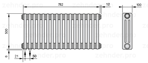 Схема (чертеж) Радиатор Zehnder Charleston 3050/17 №3370 Белый глянцевый RAL 9016